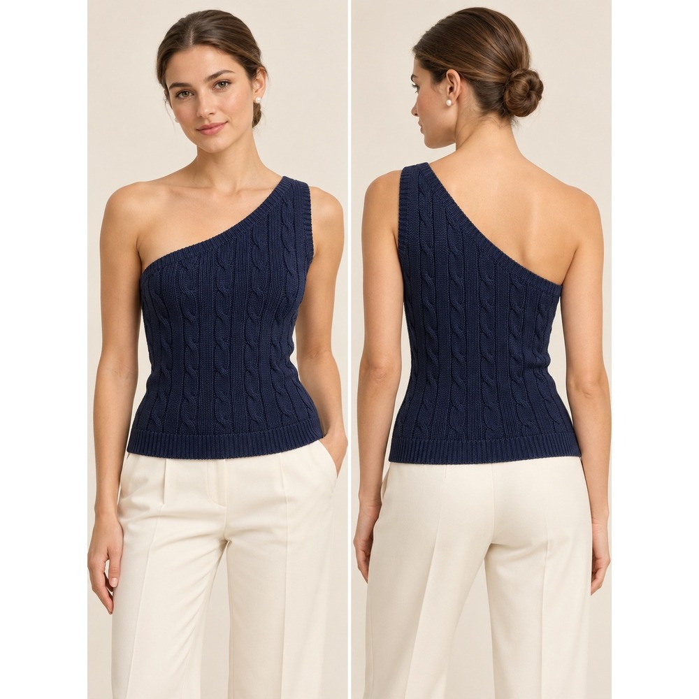 Ralph Lauren Black Label One Shoulder Cable Knit Top L Navy Blue